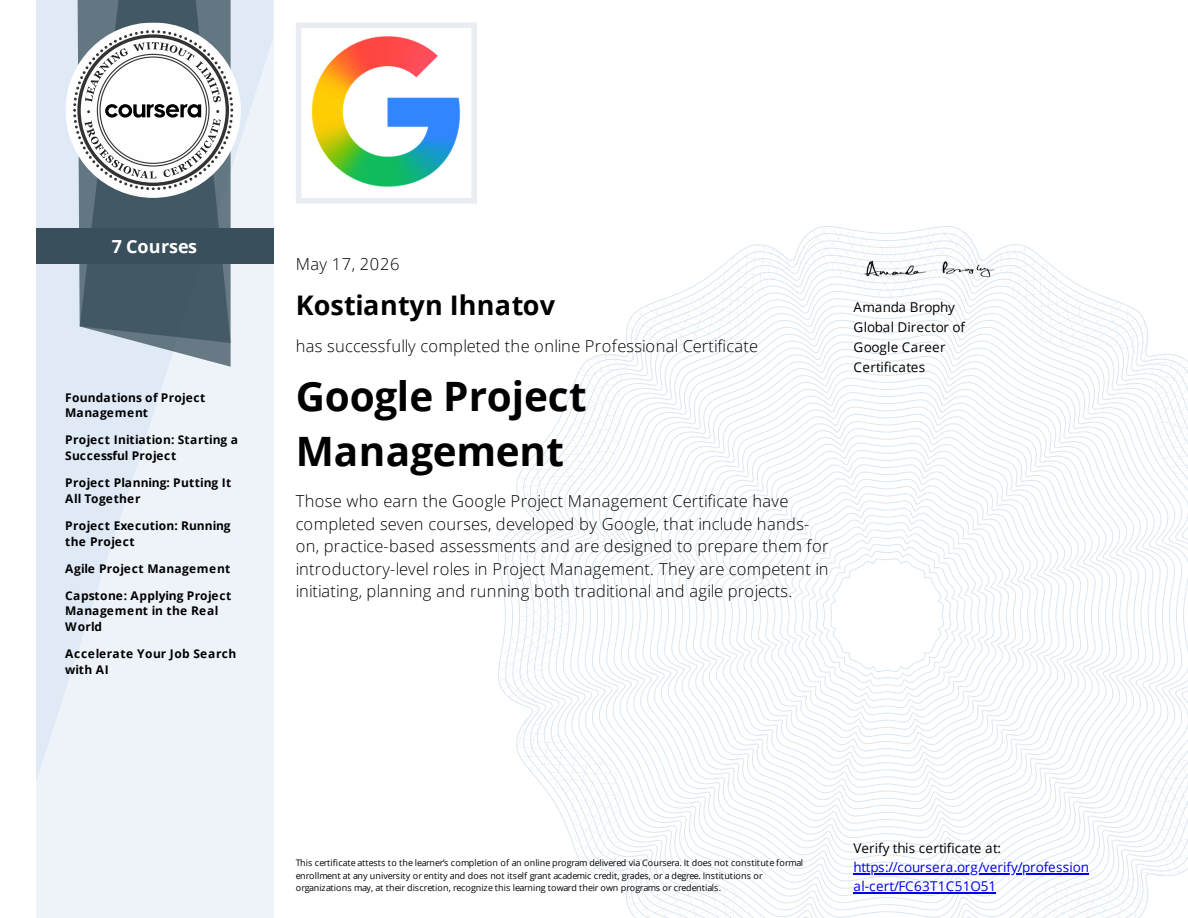 Сертификат Google Project Management на имя Kostiantyn Ihnatov